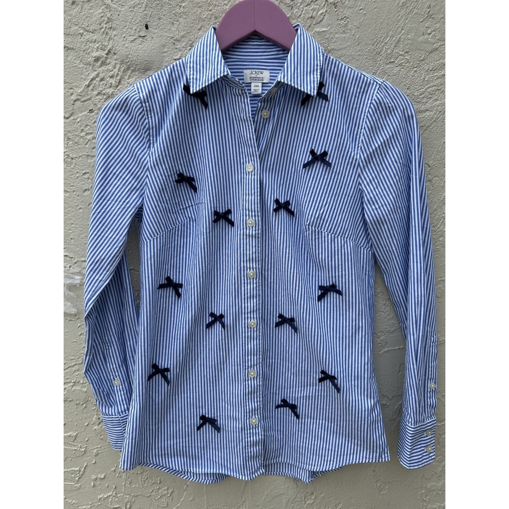 J.Crew Blue White Striped Bow Embellished Cotton Blend Button Down Shirt XXS